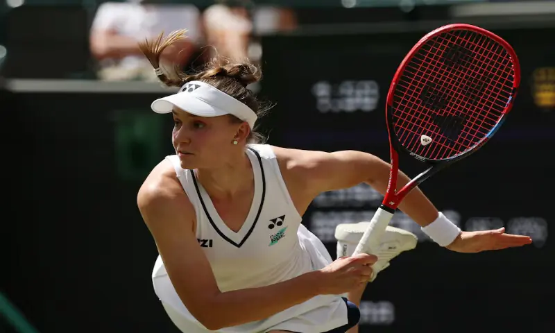 Elena Rybakina serves against Elise Mertens (not pictured) on day six of The Championships Wimbledon 2026 at All England Lawn Tennis and Croquet Club. -- Reuters