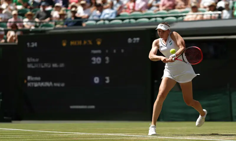 Elena Rybakina hits a backhand against Elise Mertens (not pictured) on day six of The Championships Wimbledon 2026 at All England Lawn Tennis and Croquet Club. -- Reuters