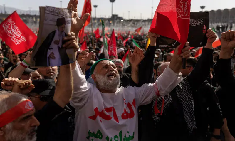 Mourners react during a funeral ceremony for the late Supreme Leader Ayatollah Ali Khamenei in Tehran, Iran, on Sunday. -- Reuters