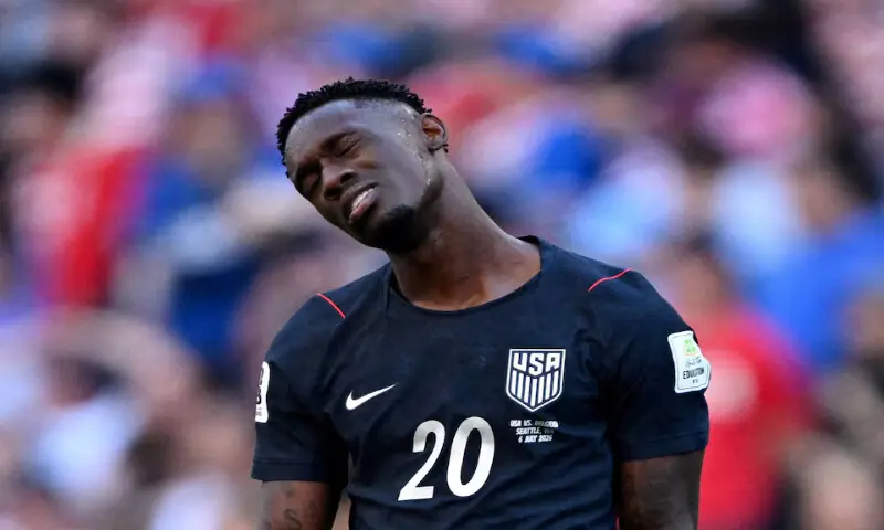 Folarin Balogun of the US looks dejected after Belgium's Hans Vanaken scores their third goal. -- Reuters Folarin Balogun of the US looks dejected after Belgium's Hans Vanaken scores their third goal. -- Reuters