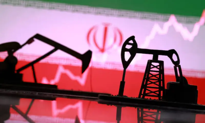 An illustration shows 3D-printed oil pump jacks, Iranian flag, and a rising stock graph. -- Reuters file