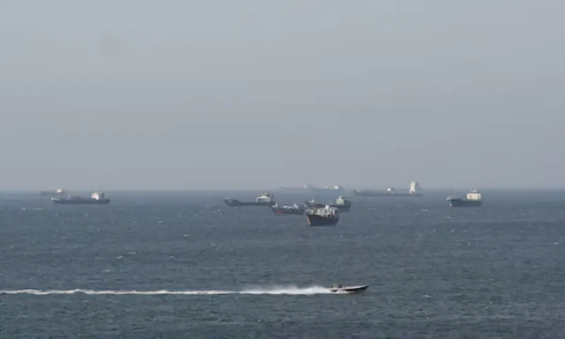 Ships and tankers in the Strait of Hormuz off the coast of Musandam, Oman,