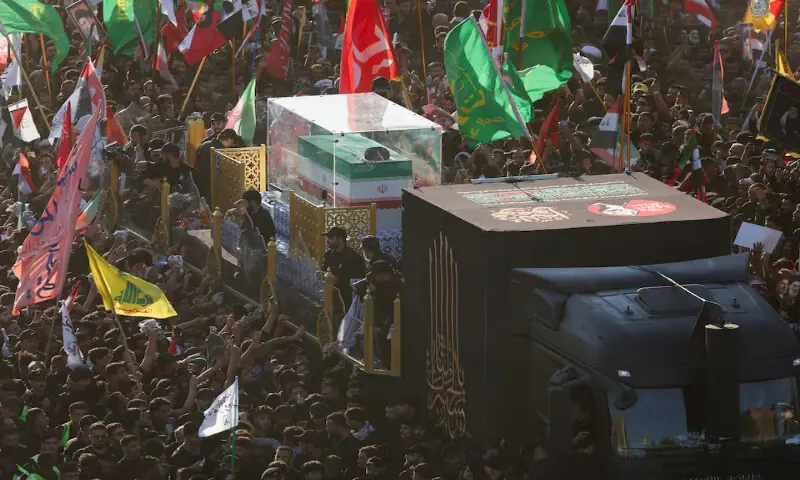 A vehicle carrying the coffin of Iran's late Supreme Leader Ayatollah Ali Khamenei makes its way in Najaf, Iraq, on Wednesday. -- Reuters