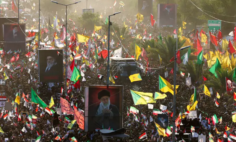 A vehicle carrying the coffin of Iran's late Supreme Leader Ayatollah Ali Khamenei makes its way in Najaf, Iraq, on Wednesday. -- Reuters