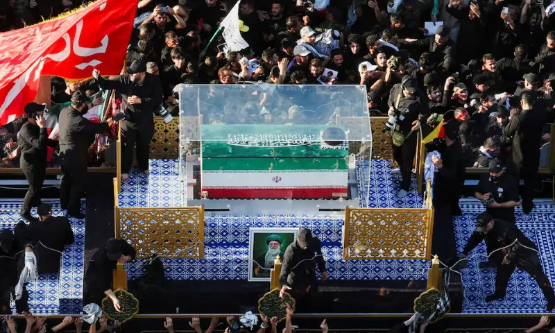 A vehicle carrying the coffin of Iran's late Supreme Leader Ayatollah Ali Khamenei makes its way in Najaf, Iraq, on Wednesday. -- Reuters
