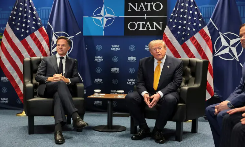 US President Donald Trump and NATO Secretary-General Mark Rutte hold a bilateral meeting on the sidelines of the NATO leaders summit in Ankara, Turkey, on Wednesday. -- Reuters