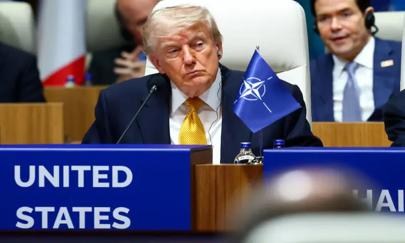 US President Donald Trump attends a meeting of the North Atlantic Council during the NATO leaders' summit in Ankara, Turkey, on Wednesday. -- Reuters