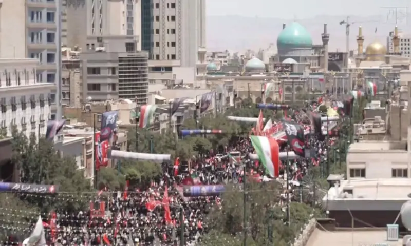 A screengrab shows large crowds flooding the streets in Mashhad ahead of a funeral procession for Ayatollah Ali Khamenei on Thursday. -- Picture courtesy X A screengrab shows large crowds flooding the streets in Mashhad ahead of a funeral procession for Ayatollah Ali Khamenei on Thursday. -- Picture courtesy X
