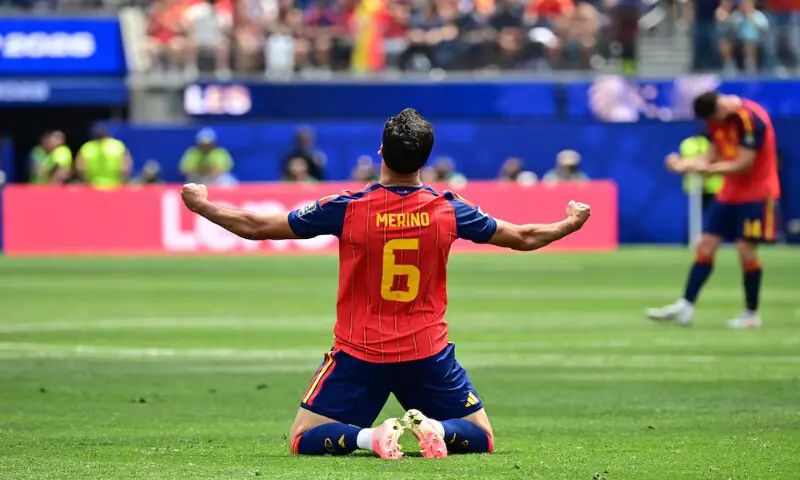 Spain's Mikel Merino celebrates after the match as Spain qualify for the semi final stage of the World Cup. -- Reuters
