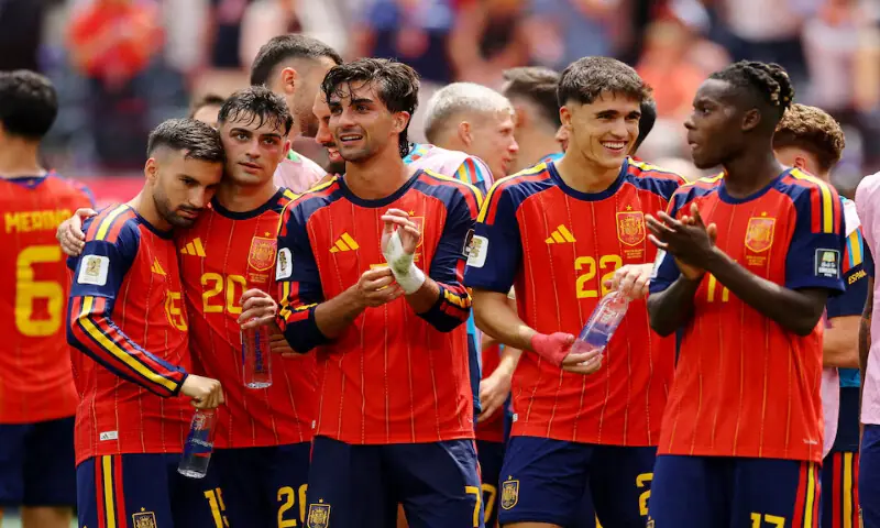 Spain's Alex Baena, Pedri, Ferran Torres, Pau Cubarsi and Nico Williams celebrate after the match as Spain qualify for the semi finals of the World Cup. -- Reuters