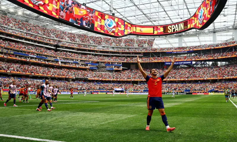 Spain's Mikel Merino celebrates scoring their second goal. -- Reuters