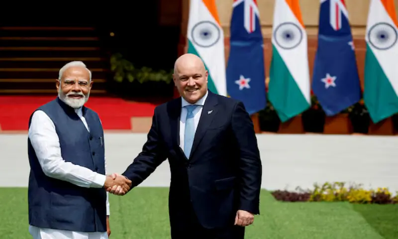 Prime Minister of New Zealand Christopher Luxon shakes hands with his Indian counterpart Narendra Modi before their meeting at Hyderabad House in New Delhi, India. -- Reuters file