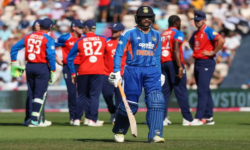 India's Abhishek Sharma walks after losing his wicket in Fifth T20 International against England at Southampton. -- Reuters India's Abhishek Sharma walks after losing his wicket in Fifth T20 International against England at Southampton. -- Reuters