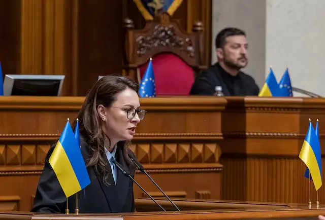 Ukrainian Prime Minister Yulia Svyrydenko attends a session of Ukrainian parliament as Ukrainian President Volodymyr Zelensky looks on, amid Russia's attack on Ukraine, in Kyiv, Ukraine. -- Reuters