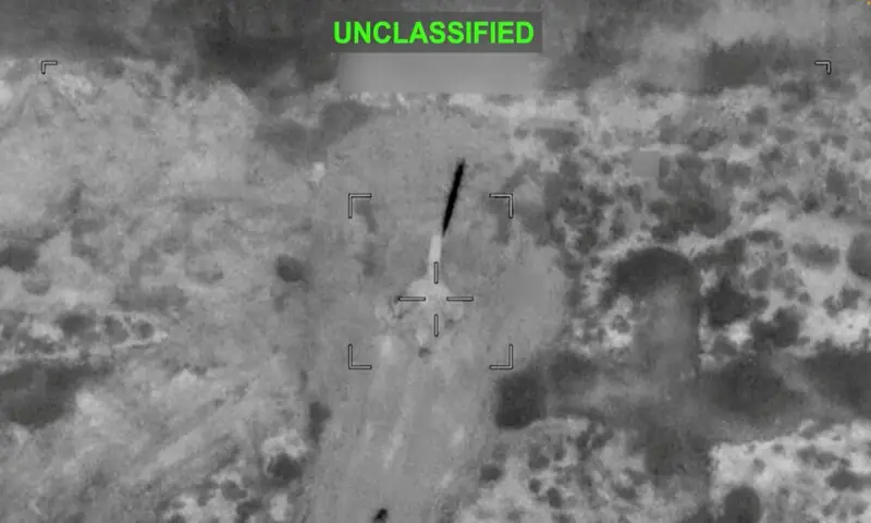 A projectile approaches a target at an unknown location, following what CENTCOM said were strikes on Iran. -- Reuters