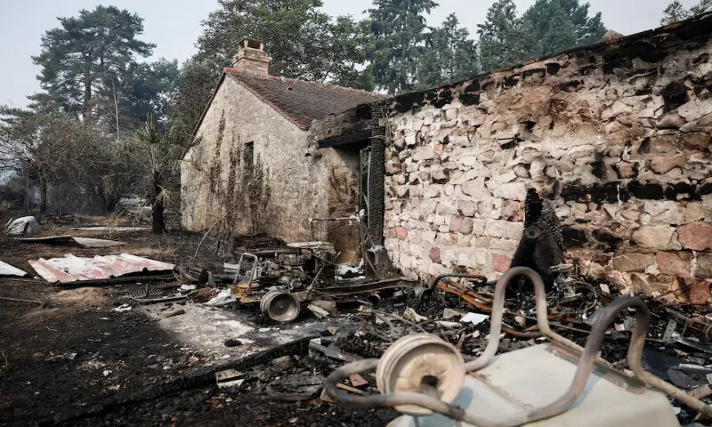 A burned area next to a building, as French firefighters battle a wildfire in the Fontainebleau forest in Noisy-sur-Ecole near Paris on Monday. -- Reuters