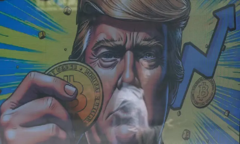 An illustration featuring US President Donald Trump holding bitcoin is displayed outside a cryptocurrency exchange store in Hong Kong, China. -- Reuters file