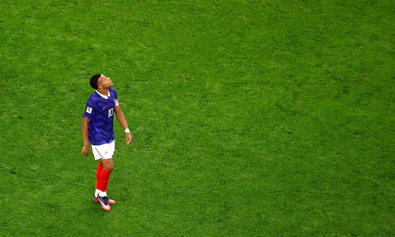 France's Kylian Mbappe looks dejected after the match as France are eliminated from the World Cup. -- Reuters