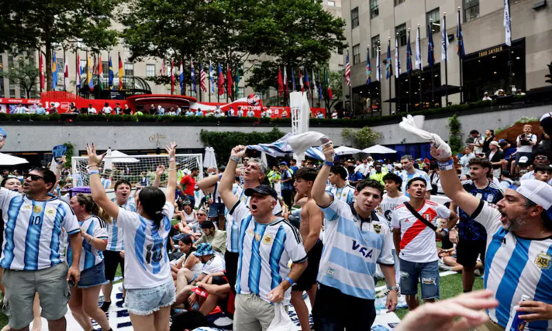 Fans react during the semi-final game between England and Argentina at Rockefeller Center in New York City. -- Reuters