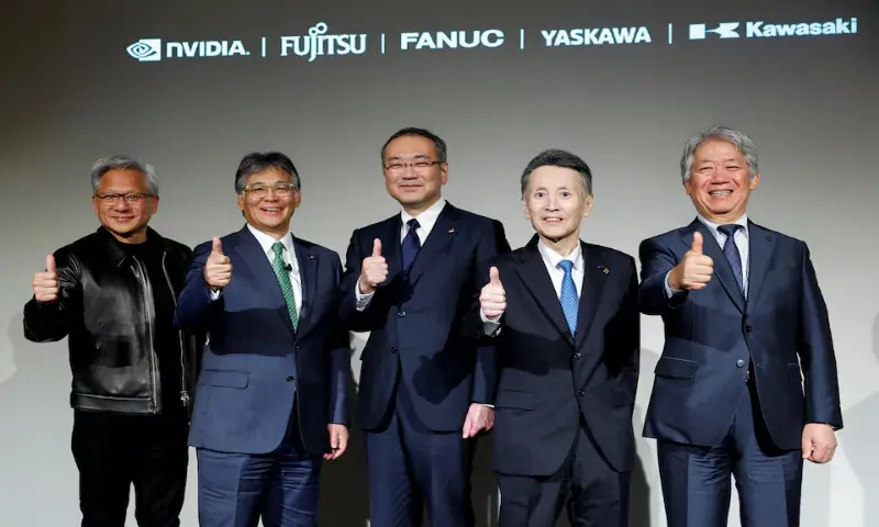 Nvidia CEO Jensen Huang, Fujitsu CEO Takahito Tokita, FANUC President and CEO Kenji Yamaguchi, Yaskawa Electric Vice Chairman and Executive Officer Masahiro Ogawa, and Kawasaki Heavy Industries President and CEO Yasuhiko Hashimoto attend a media briefing on the announcement regarding exploring physical AI development and implementation across industries, in Tokyo, Japan, on Thursday. -- Reuters Nvidia CEO Jensen Huang, Fujitsu CEO Takahito Tokita, FANUC President and CEO Kenji Yamaguchi, Yaskawa Electric Vice Chairman and Executive Officer Masahiro Ogawa, and Kawasaki Heavy Industries President and CEO Yasuhiko Hashimoto attend a media briefing on the announcement regarding exploring physical AI development and implementation across industries, in Tokyo, Japan, on Thursday. -- Reuters
