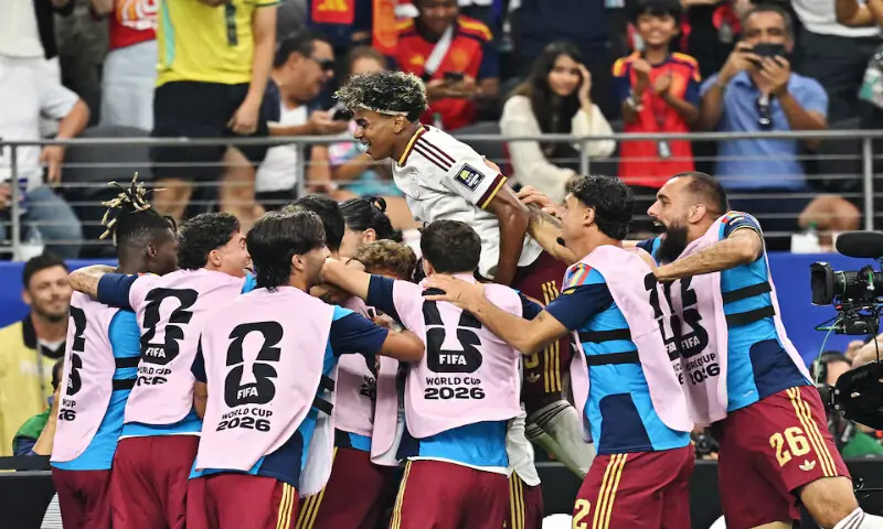 Spain's Lamine Yamal and teammates celebrate after Pedro Porro scores their second goal against France in World Cup semi-final match in Dallas Stadium, Arlington, Texas. -- Reuters Spain's Lamine Yamal and teammates celebrate after Pedro Porro scores their second goal against France in World Cup semi-final match in Dallas Stadium, Arlington, Texas. -- Reuters