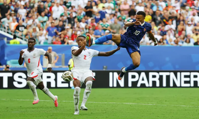 France's Kylian Mbappe in action with England's Ezri Konsa. -- Reuters France's Kylian Mbappe in action with England's Ezri Konsa. -- Reuters