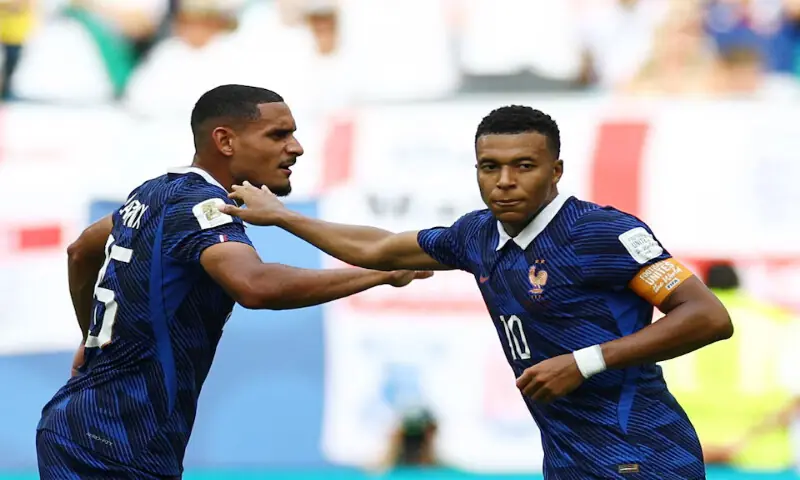 France's Kylian Mbappe celebrates scoring their third goal with Maxence Lacroix. -- Reuters France's Kylian Mbappe celebrates scoring their third goal with Maxence Lacroix. -- Reuters