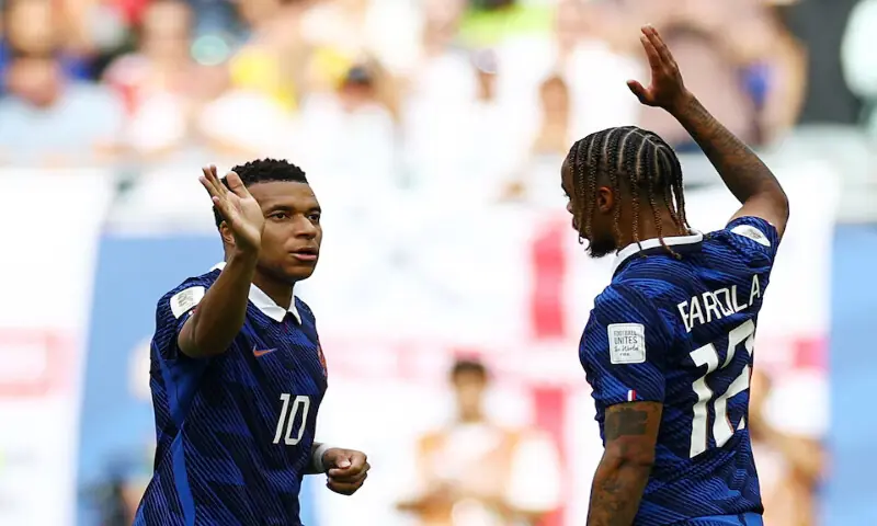 France's Kylian Mbappe celebrates scoring their third goal with Bradley Barcola. -- Reuters France's Kylian Mbappe celebrates scoring their third goal with Bradley Barcola. -- Reuters