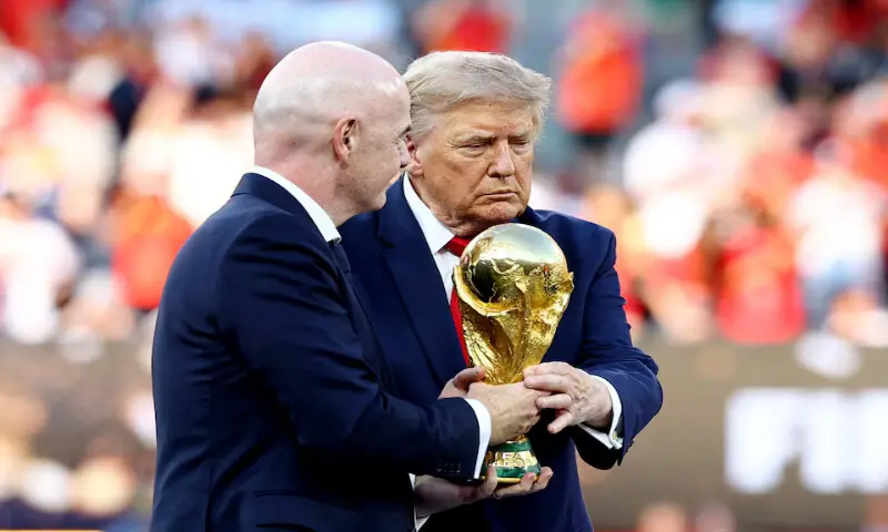 FIFA head Gianni Infantino and US President Donald Trump with the trophy during the presentation ceremony. -- Reuters FIFA head Gianni Infantino and US President Donald Trump with the trophy during the presentation ceremony. -- Reuters