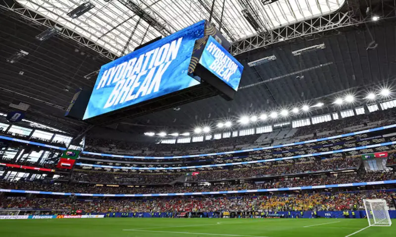 The big screen displays a message referring to a hydration break. -- Reuters The big screen displays a message referring to a hydration break. -- Reuters