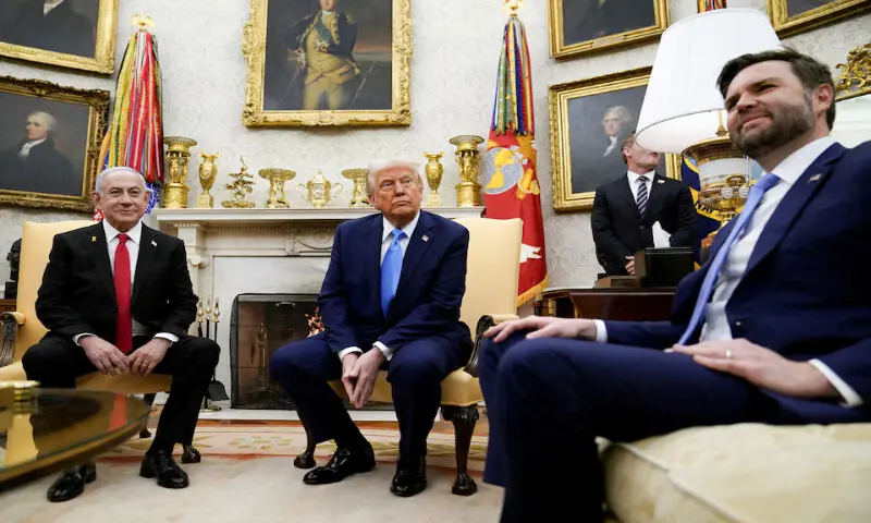 US President Donald Trump and US Vice President JD Vance meet Israeli Prime Minister Benjamin Netanyahu at the White House in Washington. -- Reuters file US President Donald Trump and US Vice President JD Vance meet Israeli Prime Minister Benjamin Netanyahu at the White House in Washington. -- Reuters file