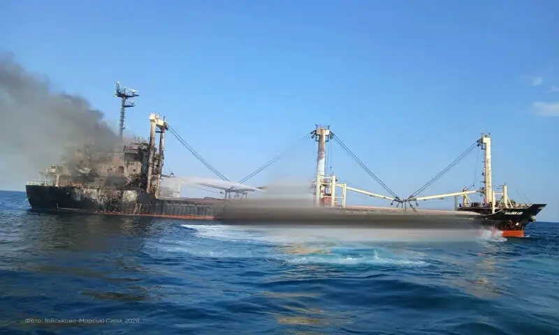 Photo released by the Ukrainian navy shows the damaged cargo vessel Golden Leo after an alleged Russian strike in the Black Sea. -- Picture courtesy X Photo released by the Ukrainian navy shows the damaged cargo vessel Golden Leo after an alleged Russian strike in the Black Sea. -- Picture courtesy X