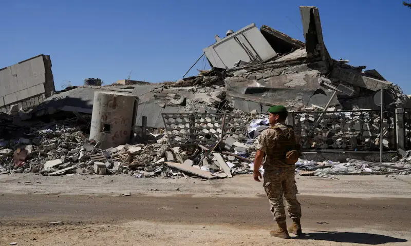 A Lebanese army soldier inspects the damage in the aftermath of an Israeli strike in Nabatieh, Lebanon, 0n Tuesday. -- Reuters A Lebanese army soldier inspects the damage in the aftermath of an Israeli strike in Nabatieh, Lebanon, 0n Tuesday. -- Reuters