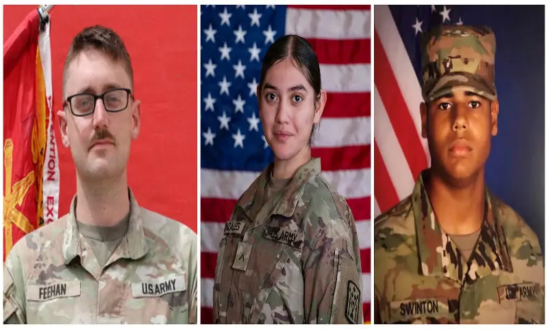 A combination picture shows US Army 1st Lt. Tyler James Feehan (left), Pvt. Isabella Gonzales (centre), and US Army Space and Missile Defence Command soldier Sgt. Michael Emmanuel Swinton (right), who were killed in Iranian attacks in July, in these handout pictures released by the US Army. US Army/Handout via Reuters A combination picture shows US Army 1st Lt. Tyler James Feehan (left), Pvt. Isabella Gonzales (centre), and US Army Space and Missile Defence Command soldier Sgt. Michael Emmanuel Swinton (right), who were killed in Iranian attacks in July, in these handout pictures released by the US Army. US Army/Handout via Reuters