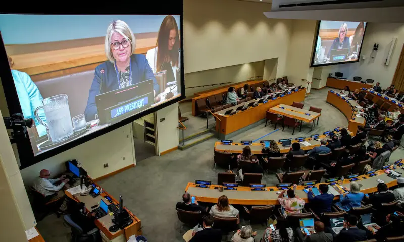 The President of the Assembly of States Parties to the International Criminal Court, Paivi Kaukoranta addresses delegates before a vote on whether to fire chief prosecutor Karim Khan at United Nations headquarters in New York City. -- Reuters