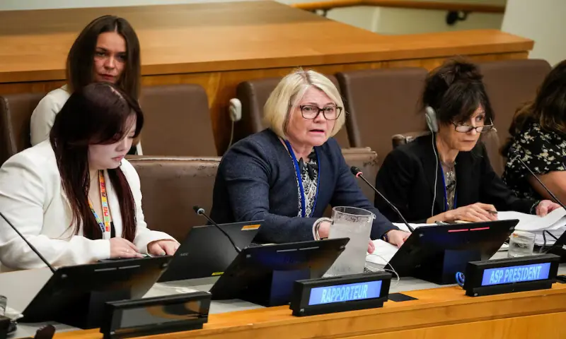 The President of the Assembly of States Parties to the International Criminal Court, Paivi Kaukoranta addresses delegates before a vote on whether to fire chief prosecutor Karim Khan at United Nations headquarters in New York City. -- Reuters