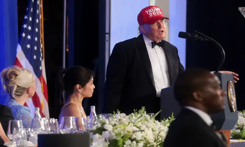 US President Donald Trump wears a "Trump 2028" cap as he delivers remarks at the White House Correspondents' Association Dinner at the Waldorf Astoria hotel in Washington, DC. -- Reuters US President Donald Trump wears a "Trump 2028" cap as he delivers remarks at the White House Correspondents' Association Dinner at the Waldorf Astoria hotel in Washington, DC. -- Reuters