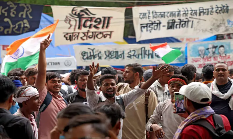 Supporters of the Cockroach Janta Party shout slogans as they take part in the ongoing protest at Jantar Mantar in New Delhi, India, on Saturday. -- Reuters