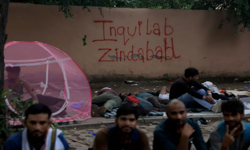 Supporters of India's Cockroach Janta Party attend the ongoing protest at Jantar Mantar in New Delhi, India, on Saturday. -- Reuters