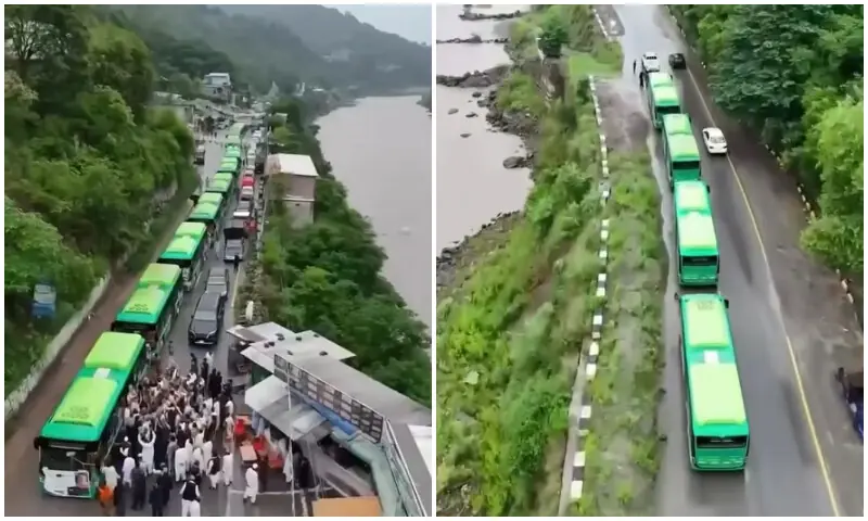 The convoy of modern buses, which departed from Islamabad a day earlier, received a warm welcome from PML-N leaders, workers and residents upon entering Muzaffarabad. Screengrab/Aaj TV