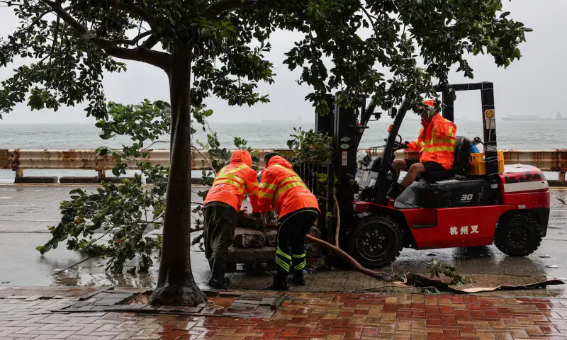 Workers clear fallen debris and obstacles from the road after Typhoon Noul in Hong Kong, China. -- Reuters Workers clear fallen debris and obstacles from the road after Typhoon Noul in Hong Kong, China. -- Reuters