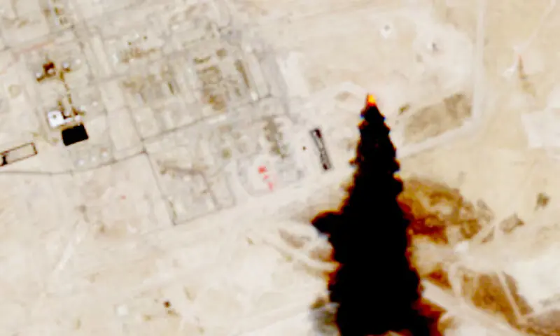 A satellite image shows smoke coming out of an oil facility as Yemen's Houthis said they targeted a number of crude oil supply and transport sites in Abqaiq, Saudi Arabia. -- Reuters