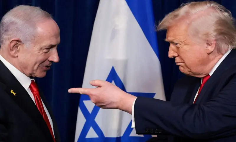 US President Donald Trump points his finger towards Israeli Prime Minister Benjamin Netanyahu during a press conference at Trump's Mar-a-Lago club in Palm Beach, Florida, US. -- Reuters
