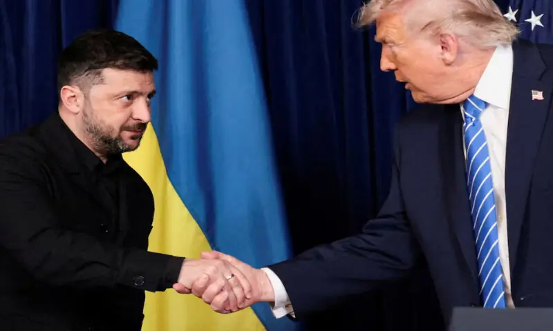 US President Donald Trump and Ukrainian President Volodymyr Zelensky shake hands during a press conference t Trump's Mar-a-Lago club in Palm Beach, Florida. -- Reuters file