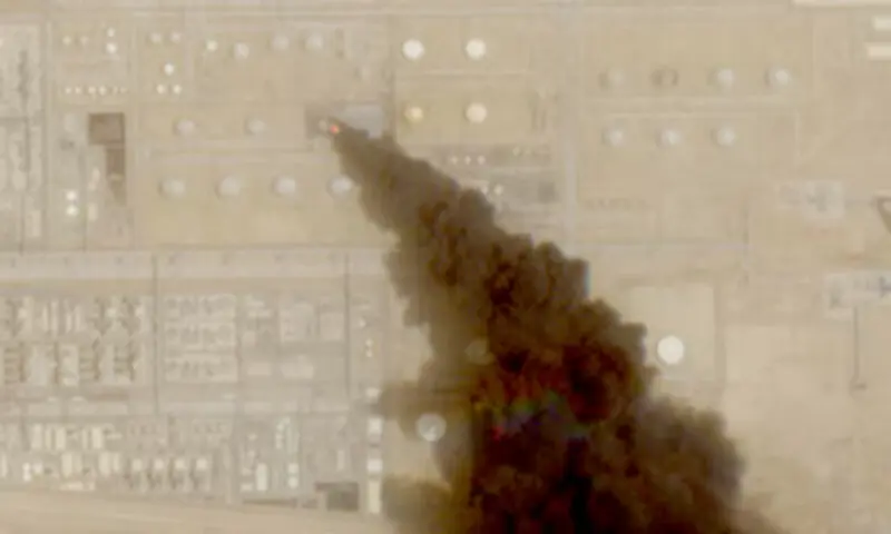 A satellite image shows trail of smoke rising from an oil facility in Jazan province of Saudi Arabia after a strike by the Houthis. -- Reuters