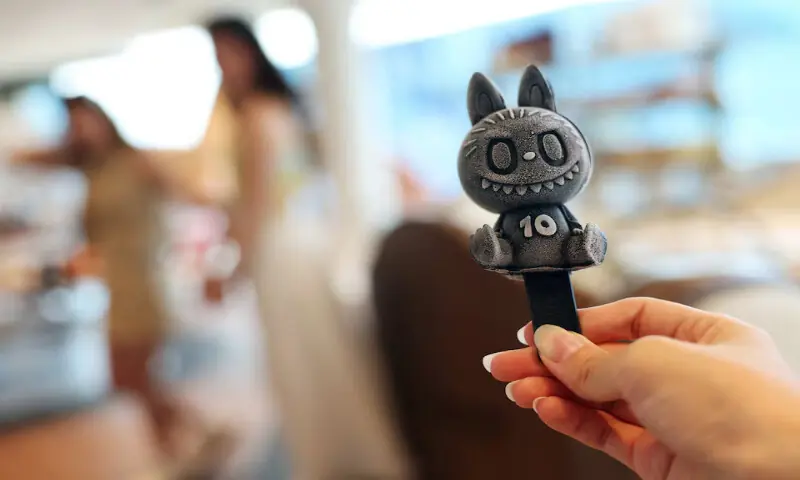 A Pop Mart employee holds up a black sesame Labubu popsicle sold at Pop Mart's first international bakery at Resorts World Sentosa in Singapore. -- Reuters
