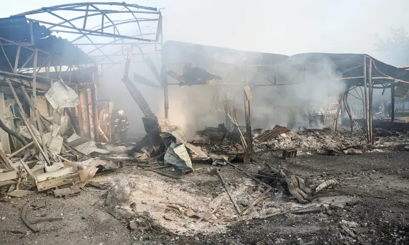 A firefighter works at a market damaged during Russian missile and drone strike in Kyiv, Ukraine, on Thursday. -- Reuters A firefighter works at a market damaged during Russian missile and drone strike in Kyiv, Ukraine, on Thursday. -- Reuters