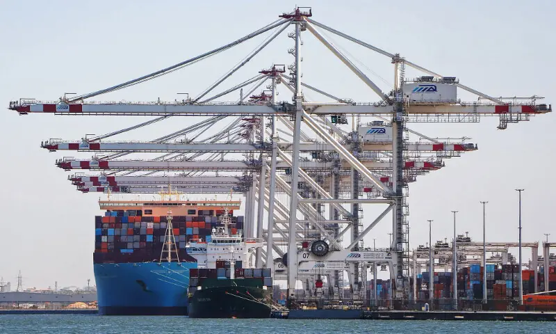 This handout photograph taken and released by the Damietta Port Authority on July 30, 2026, shows ships docked on the wharf of the Mediterranean sea port of Damietta. AFP
