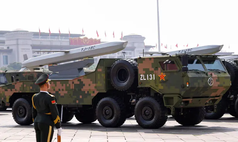A member of the People's Liberation Army stands as strategic strike group displays YJ-18C cruise missiles during a military parade in Beijing, China. -- Reuters file