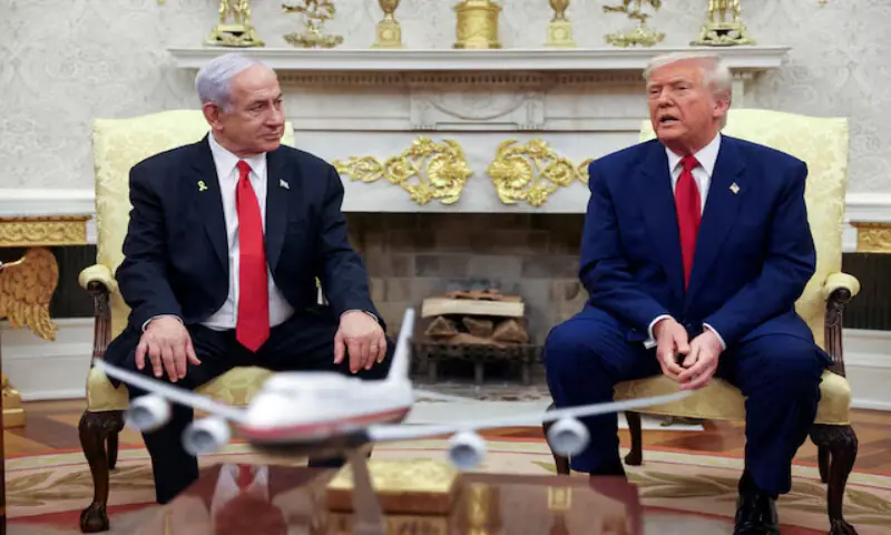 US President Donald Trump talks to Israeli Prime Minister Benjamin Netanyahu during a meeting in Washington. -- Reuters file US President Donald Trump talks to Israeli Prime Minister Benjamin Netanyahu during a meeting in Washington. -- Reuters file